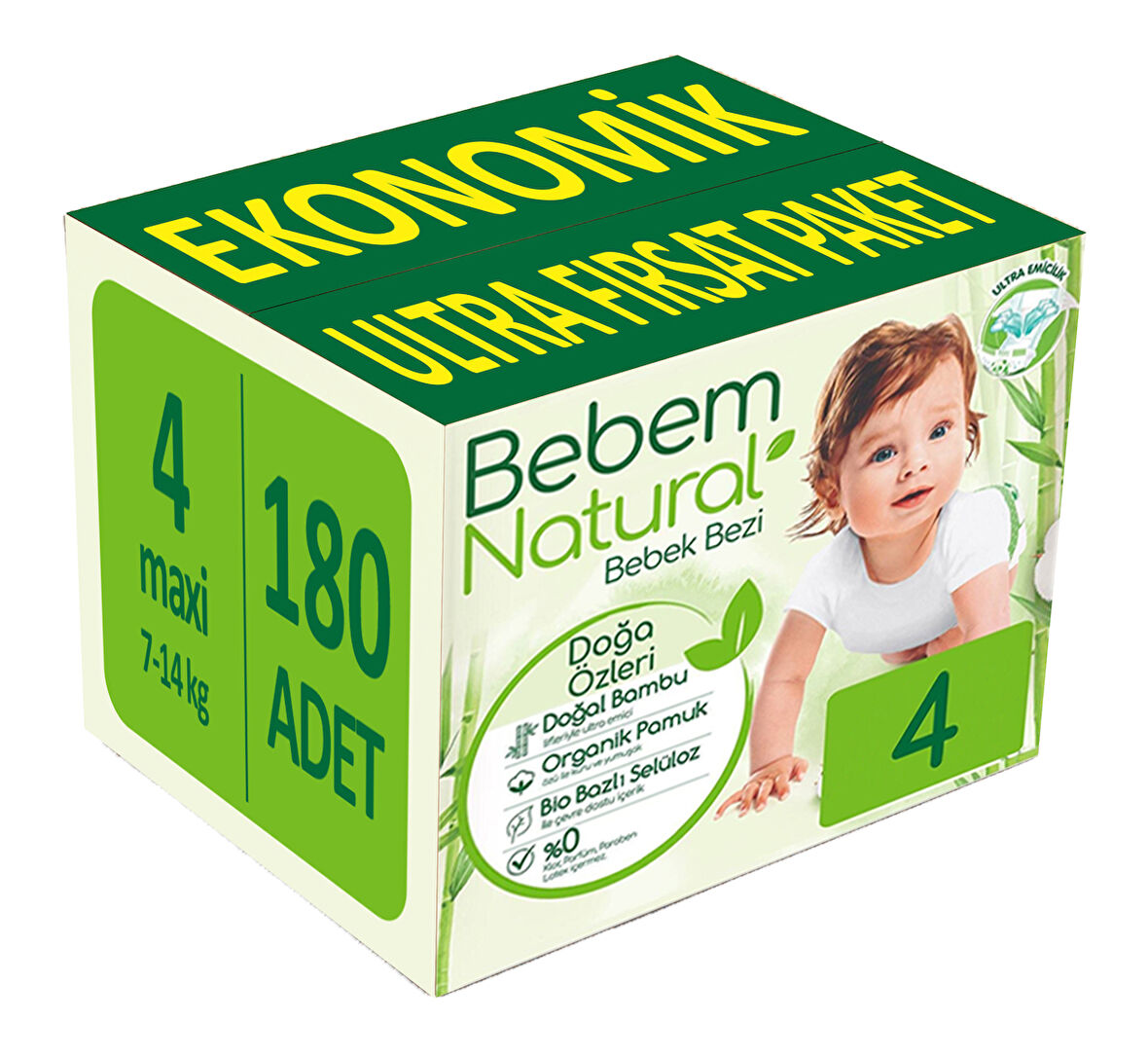 Bebem Bebek Bezi Natural Beden:4 (7-14KG) Maxi 208 Adet Ekonomik Ultra Fırsat Pk