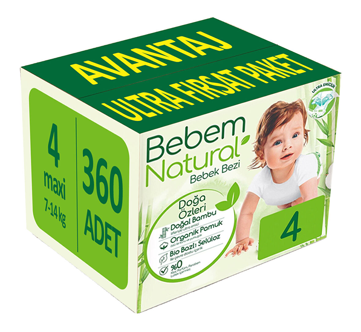 Bebem Bebek Bezi Natural Beden:4 (7-14KG) Maxi 416 Adet Avantaj Ultra Fırsat Pk