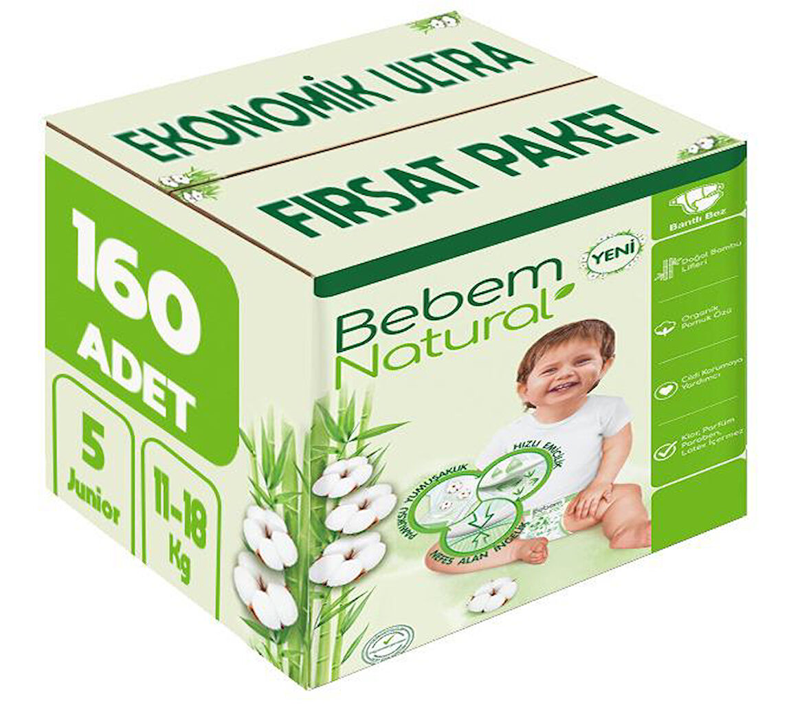 Bebem Bebek Bezi Natural Beden:5 (11-18Kg) Junior 160 Adet Ekonomik Ultra Fırsat Pk