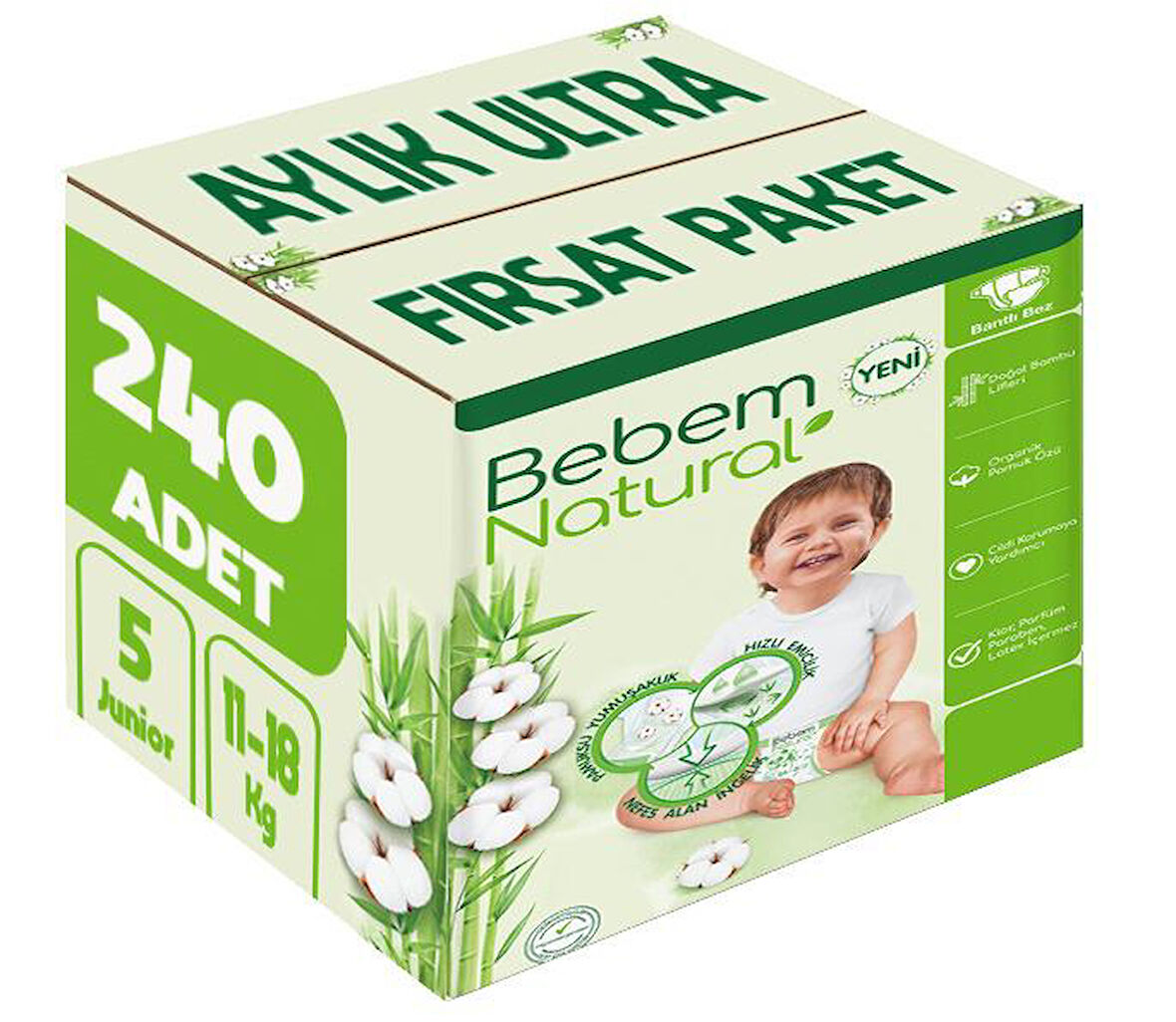 Bebem Bebek Bezi Natural Beden:5 (11-18Kg) Junior 240 Adet Aylık Ultra Fırsat Pk
