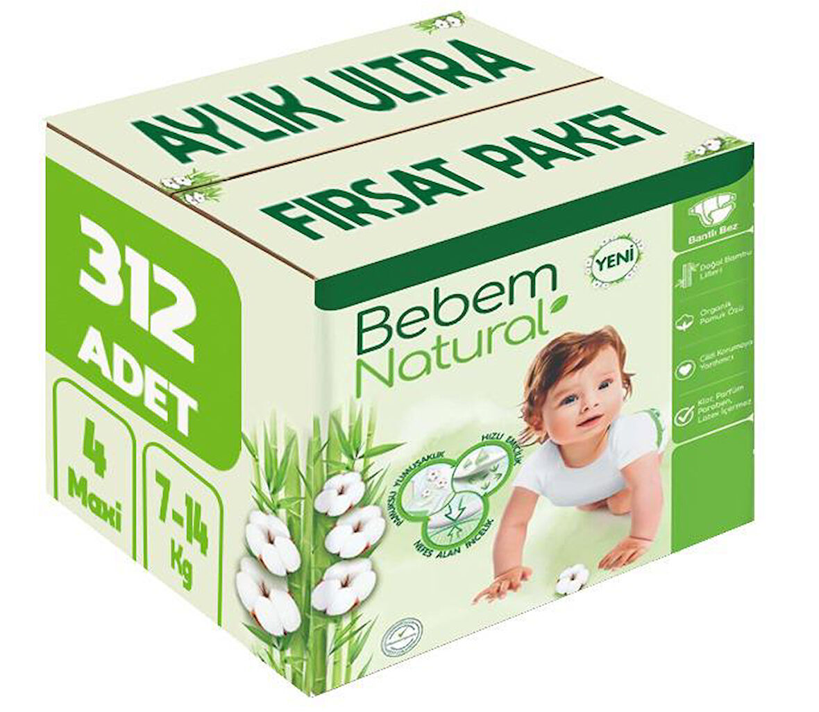 Bebem Bebek Bezi Natural Beden:4 (7-14KG) Maxi 312 Adet Aylık Ultra Fırsat Pk