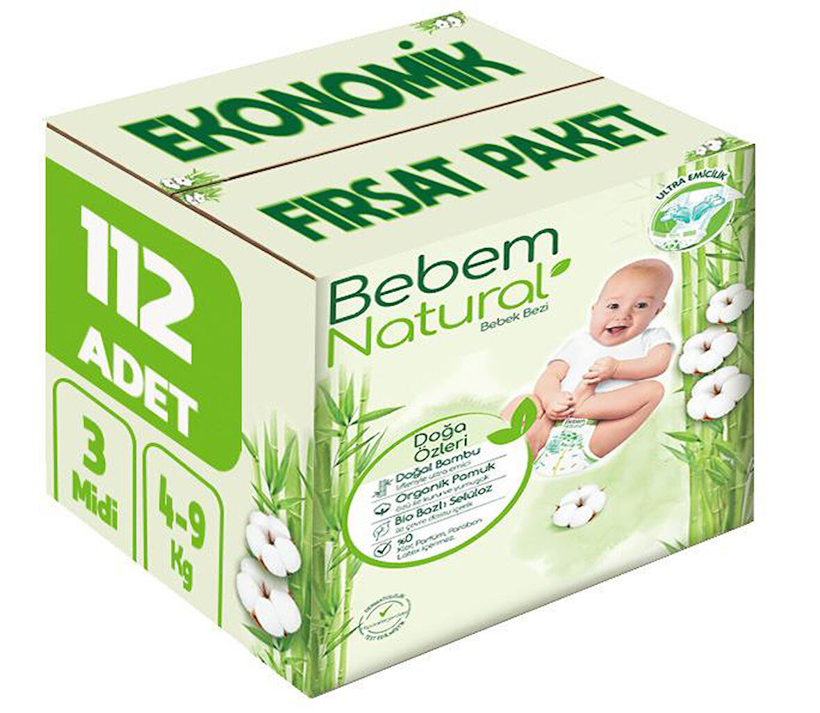 Bebem Bebek Bezi Natural Beden:3 (4-9Kg) Midi 112 Adet Ekonomik Fırsat Pk