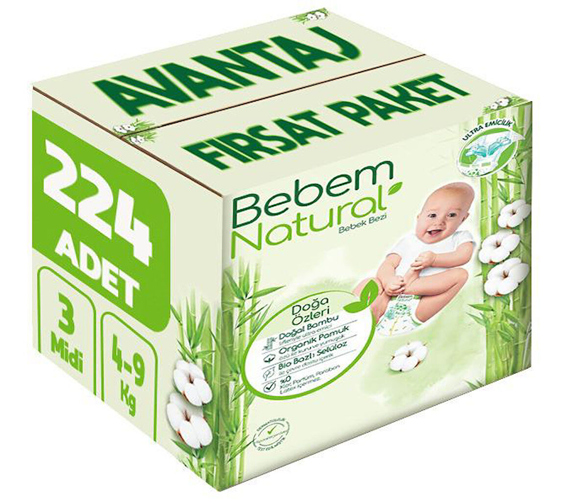 Bebem Bebek Bezi Natural Beden:3 (4-9Kg) Midi 224 Adet Avantaj Fırsat Pk