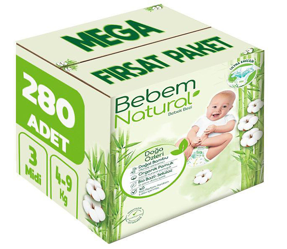 Bebem Bebek Bezi Natural Beden:3 (4-9Kg) Midi 280 Adet Mega Fırsat Pk