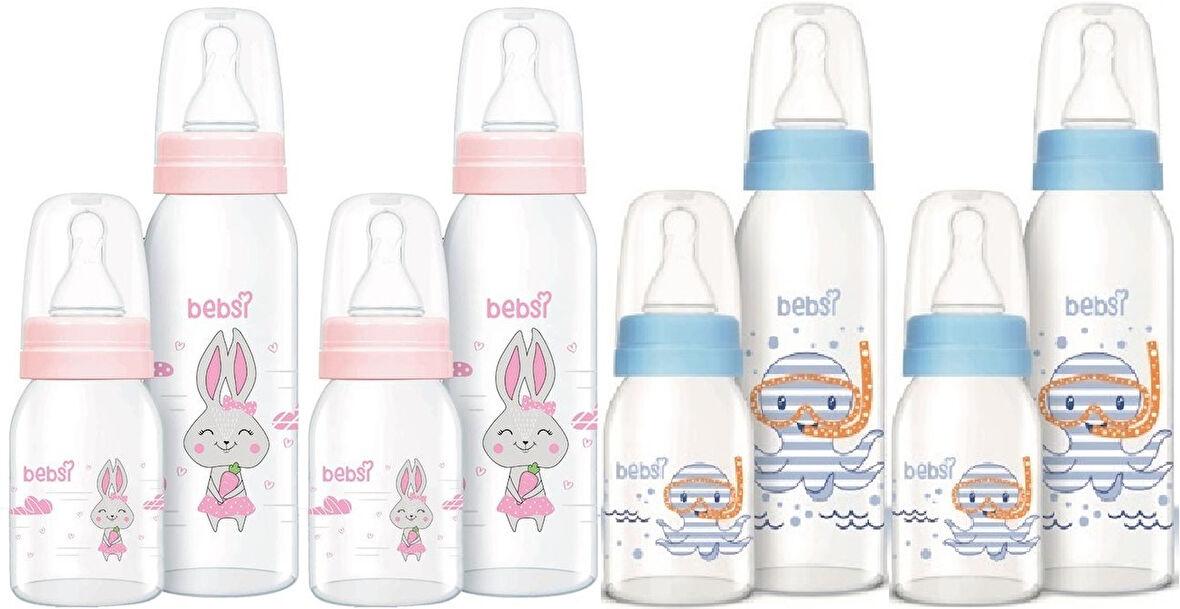 Bebsi Cam Biberon Seti (Mavi - Pembe) (250ML+125ML) (Karma 4 Lü Set)