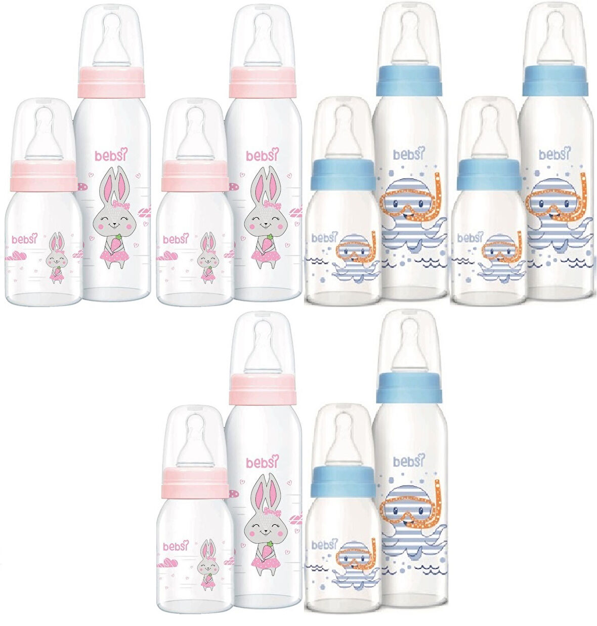 Bebsi Cam Biberon Seti (Mavi - Pembe) (250ML+125ML) (Karma 6 Lı Set)