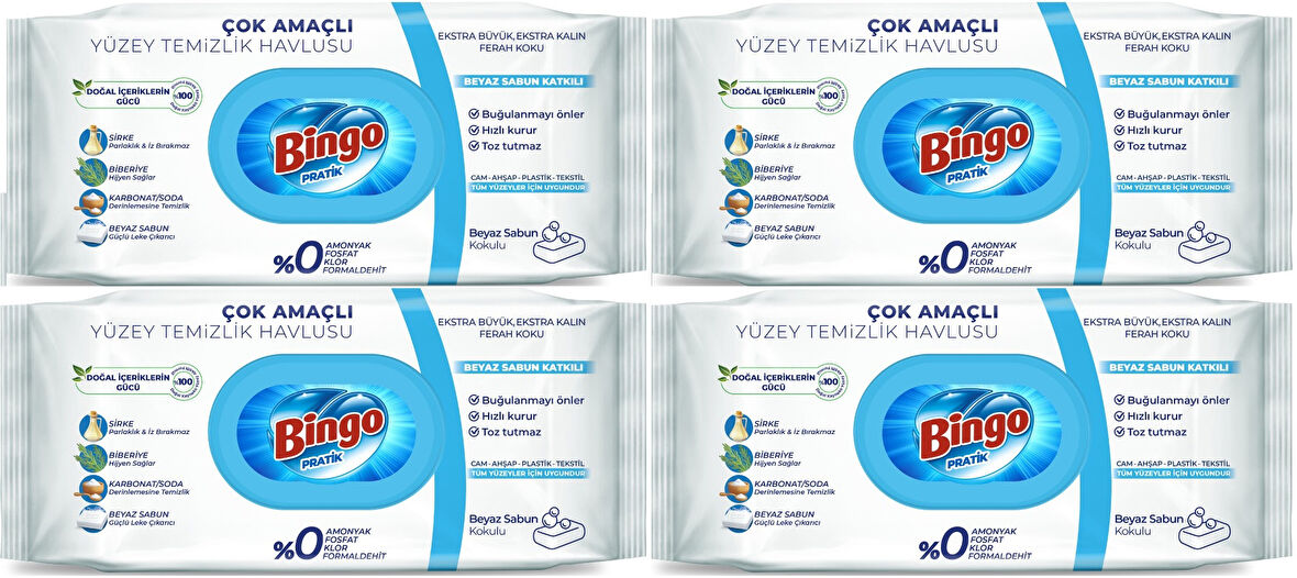 Bingo Clean Yüzey Temizlik Havlusu 96 Yaprak Beyaz Sabun Plastik Kapaklı (4 Lü Set) 384 Yaprak