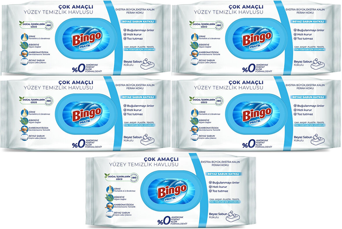 Bingo Clean Yüzey Temizlik Havlusu 96 Yaprak Beyaz Sabun Plastik Kapaklı (5 Li Set) 480 Yaprak