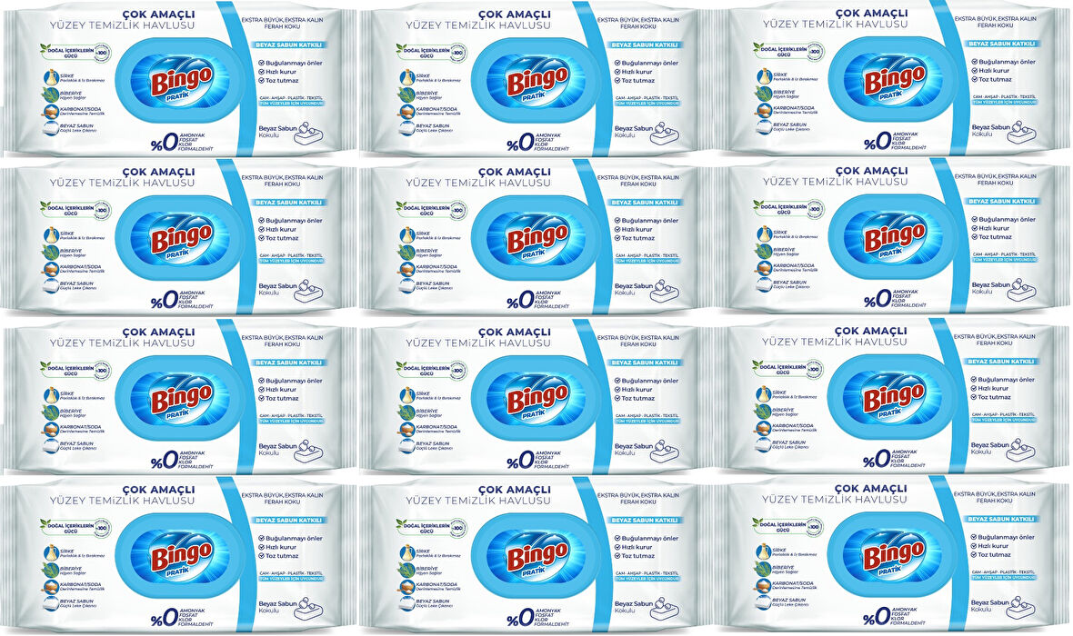 Bingo Clean Yüzey Temizlik Havlusu 96 Yaprak Beyaz Sabun Plastik Kapaklı (12 Li Set) 1152 Yaprak