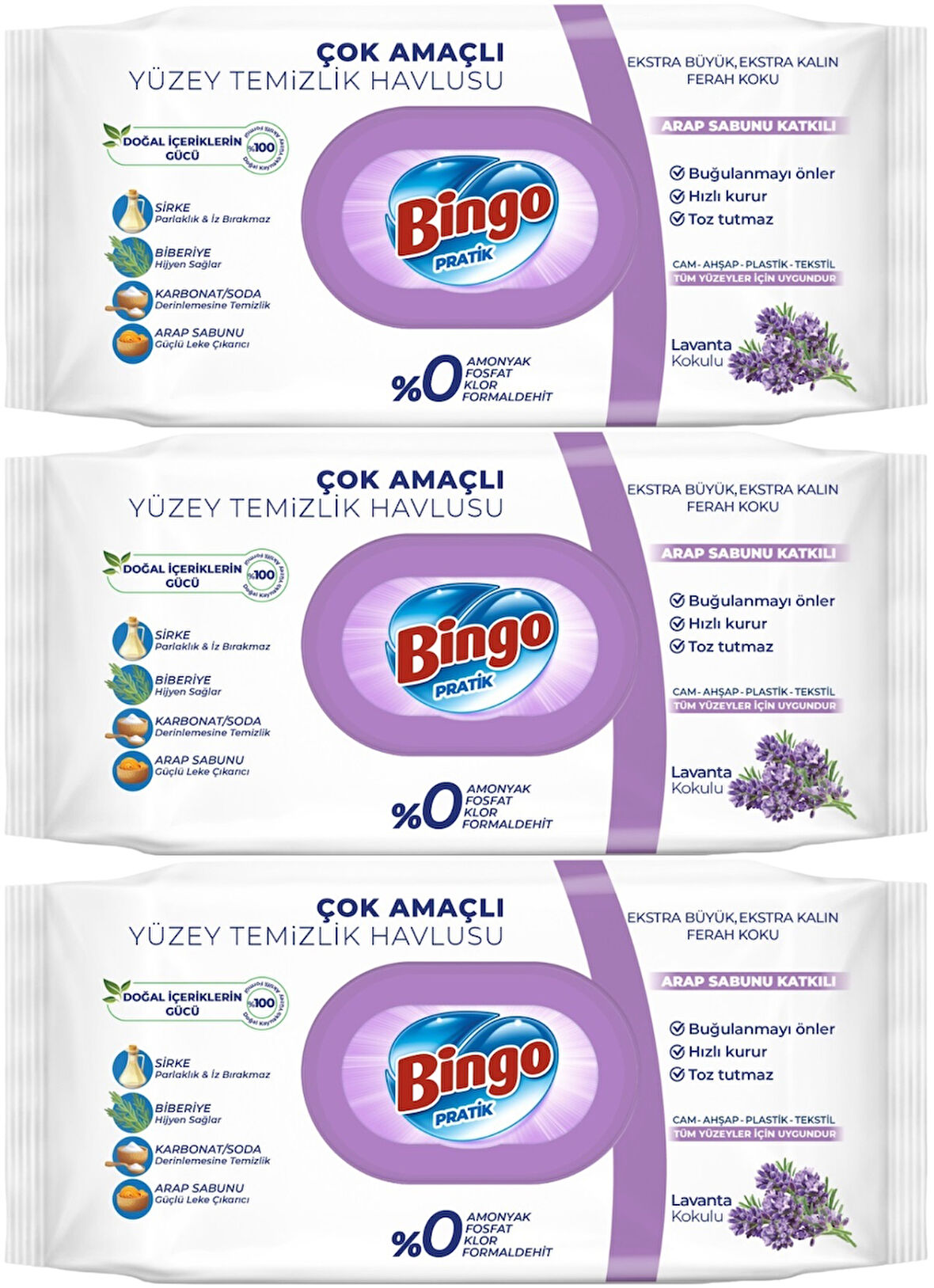 Bingo Clean Yüzey Temizlik Havlusu 96 Yaprak Lavanta Kokulu Plastik Kapaklı (3 Lü Set) 288 Yaprak