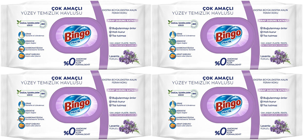 Bingo Clean Yüzey Temizlik Havlusu 96 Yaprak Lavanta Kokulu Plastik Kapaklı (4 Lü Set) 384 Yaprak
