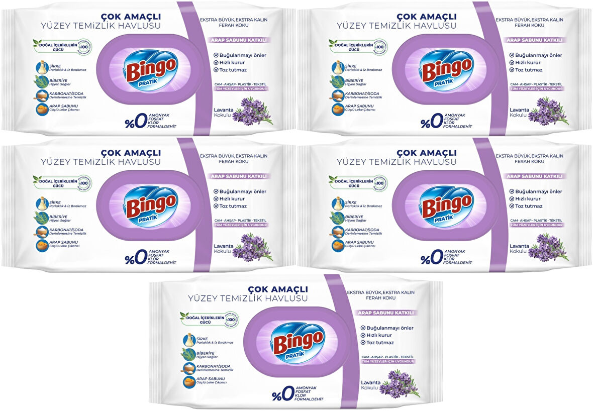 Bingo Clean Yüzey Temizlik Havlusu 96 Yaprak Lavanta Kokulu Plastik Kapaklı (5 Li Set) 480 Yaprak