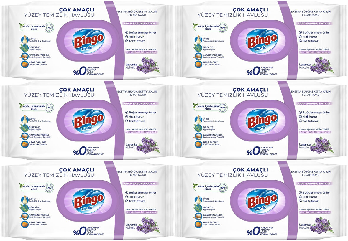 Bingo Clean Yüzey Temizlik Havlusu 96 Yaprak Lavanta Kokulu Plastik Kapaklı (6 Lı Set) 576 Yaprak