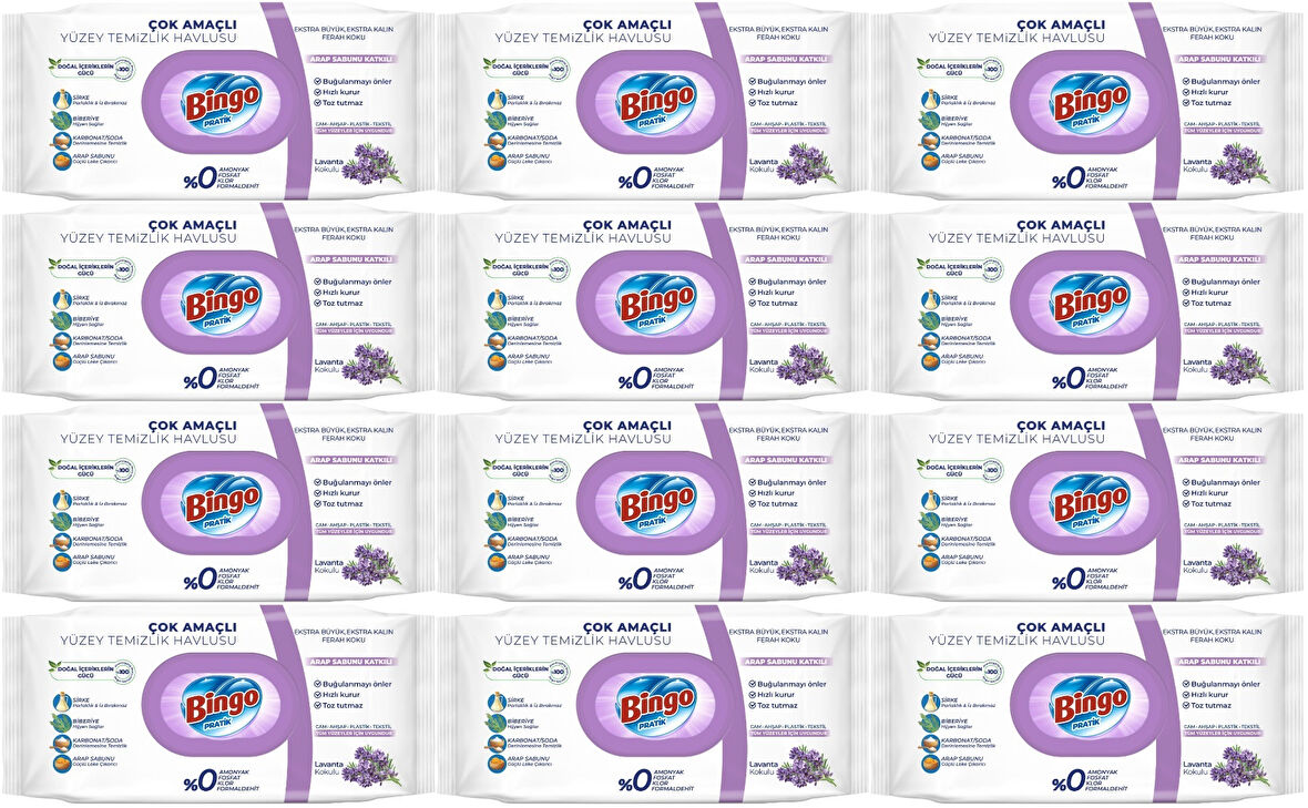 Bingo Clean Yüzey Temizlik Havlusu 96 Yaprak Lavanta Kokulu Plastik Kapaklı (12 Li Set) 1152 Yaprak