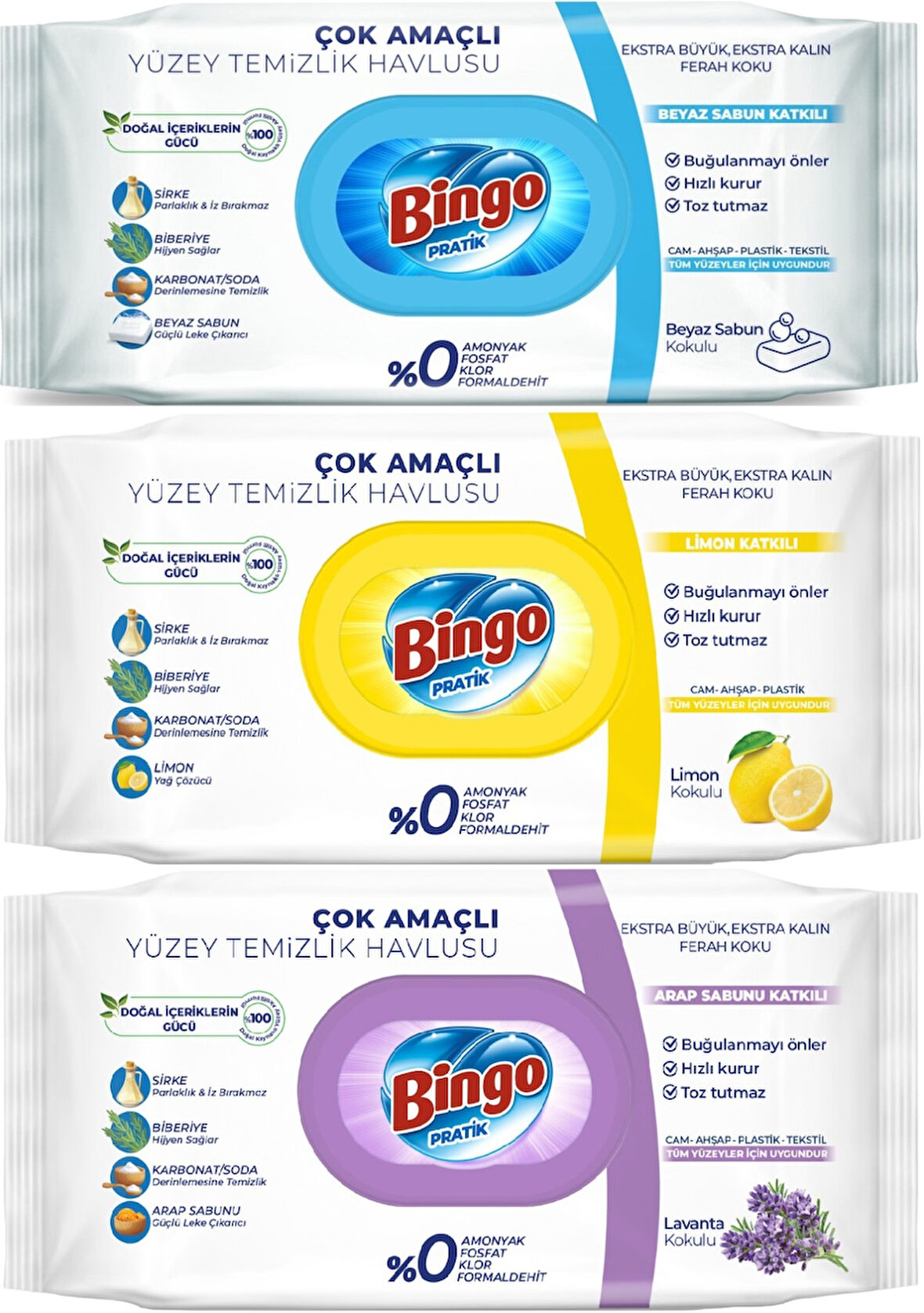 Bingo Clean Yüzey Temizlik Havlusu (Karma 3 Lü Set) (Beyaz Sabun/Limon Kokulu/Lavanta Kokulu)