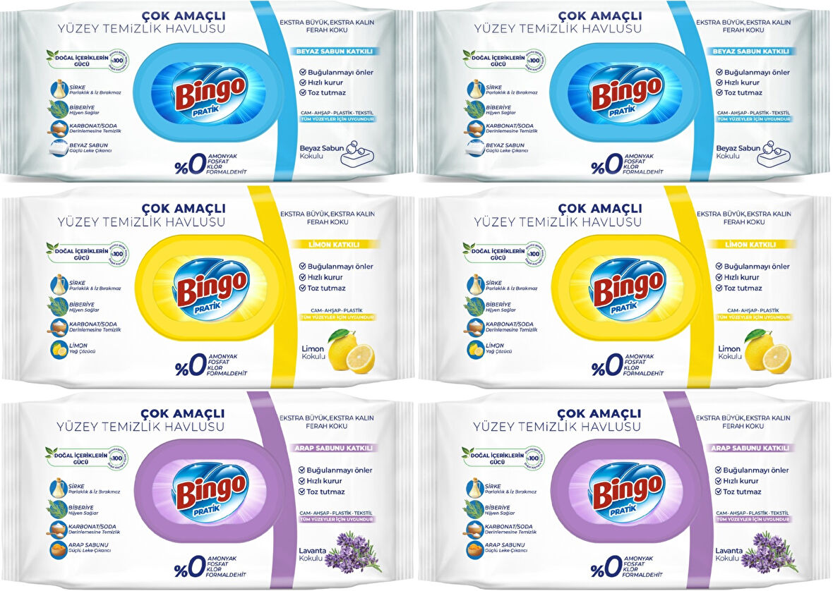 Bingo Clean Yüzey Temizlik Havlusu (Karma 6 Lı Set) (Beyaz Sabun/Limon Kokulu/Lavanta Kokulu)
