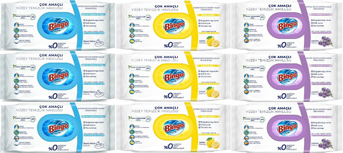 Bingo Clean Yüzey Temizlik Havlusu (Karma 9 Lu Set) (Beyaz Sabun/Limon Kokulu/Lavanta Kokulu)