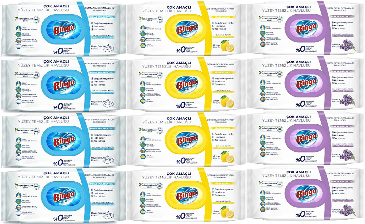 Bingo Clean Yüzey Temizlik Havlusu (Karma 12 Li Set) (Beyaz Sabun/Limon Kokulu/Lavanta Kokulu)