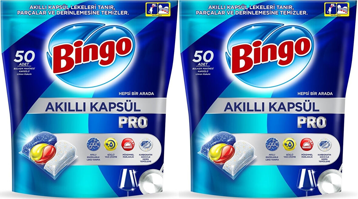Bingo Akıllı Kapsül Pro Bulaşık Makinesi Deterjanı Tableti 100 Adet Limon Kokulu (2PK*50)