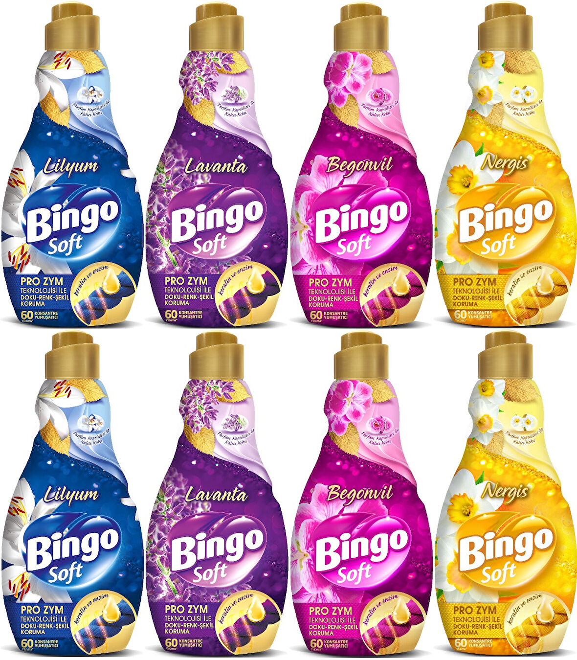 Bingo Soft Çamaşır Yumuşatıcı Konsantre 1440ML Karma 8 Li Set (Lilyum-Lavanta-Begonvil-Nergis)