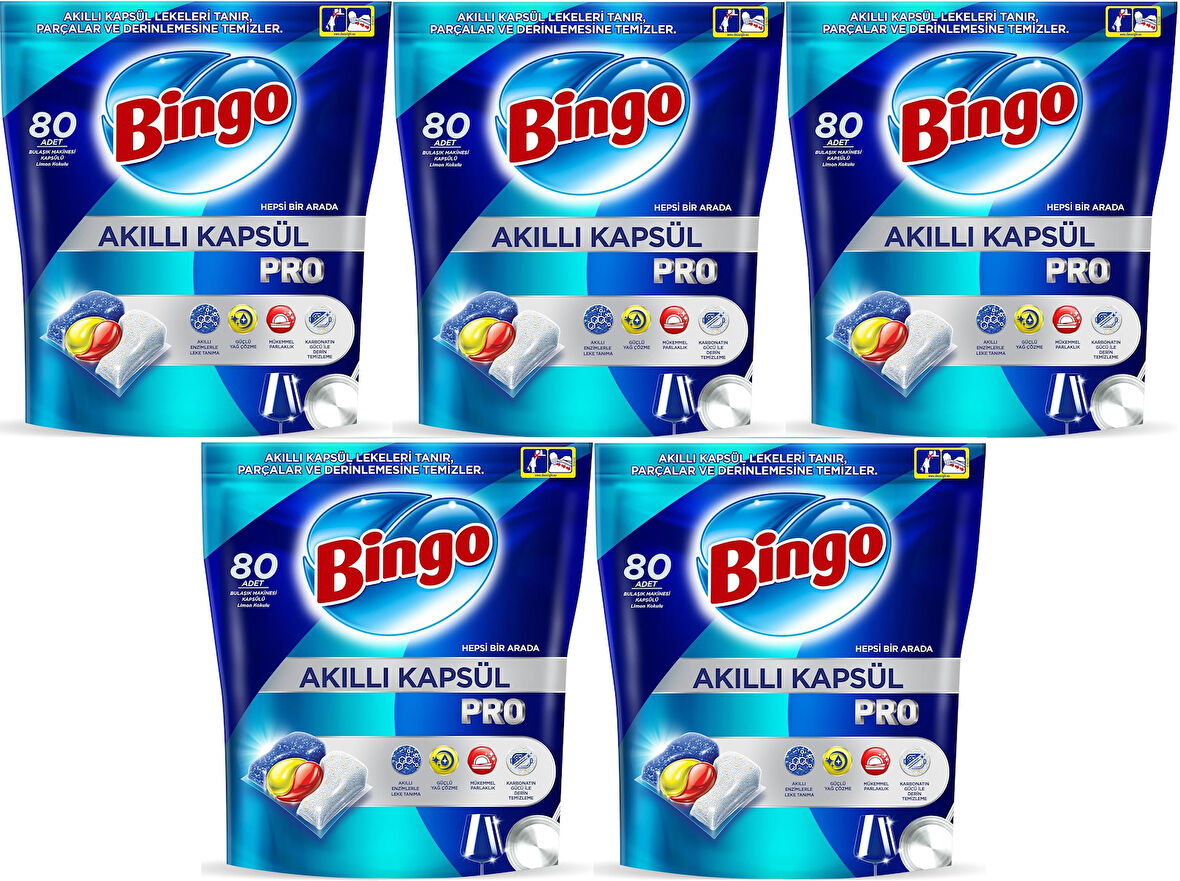 Bingo Akıllı Kapsül Pro Bulaşık Makinesi Deterjanı Tableti 400 Adet Limon Kokulu (5PK*80)