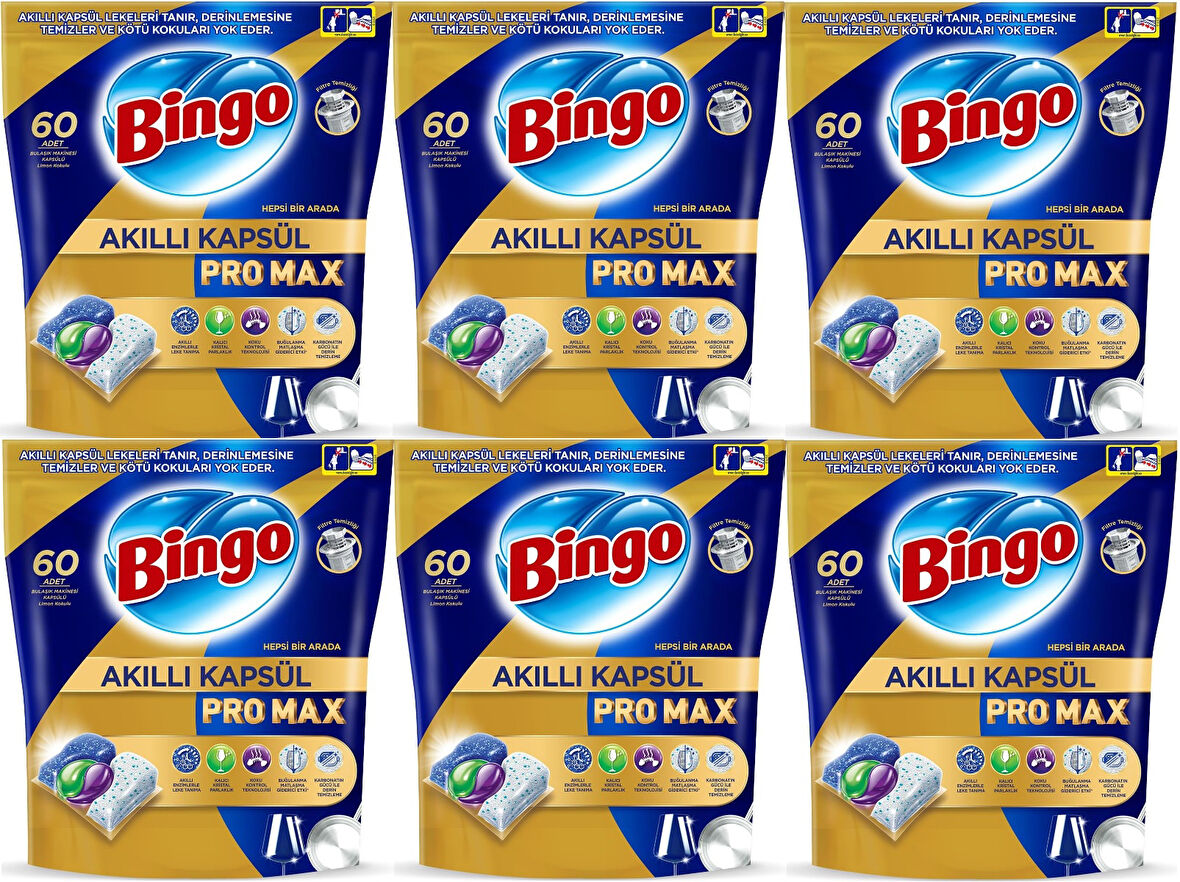 Bingo Akıllı Kapsül Pro Max Bulaşık Makinesi Deterjanı Tableti 360 Adet Limon Kokulu (6PK*60)