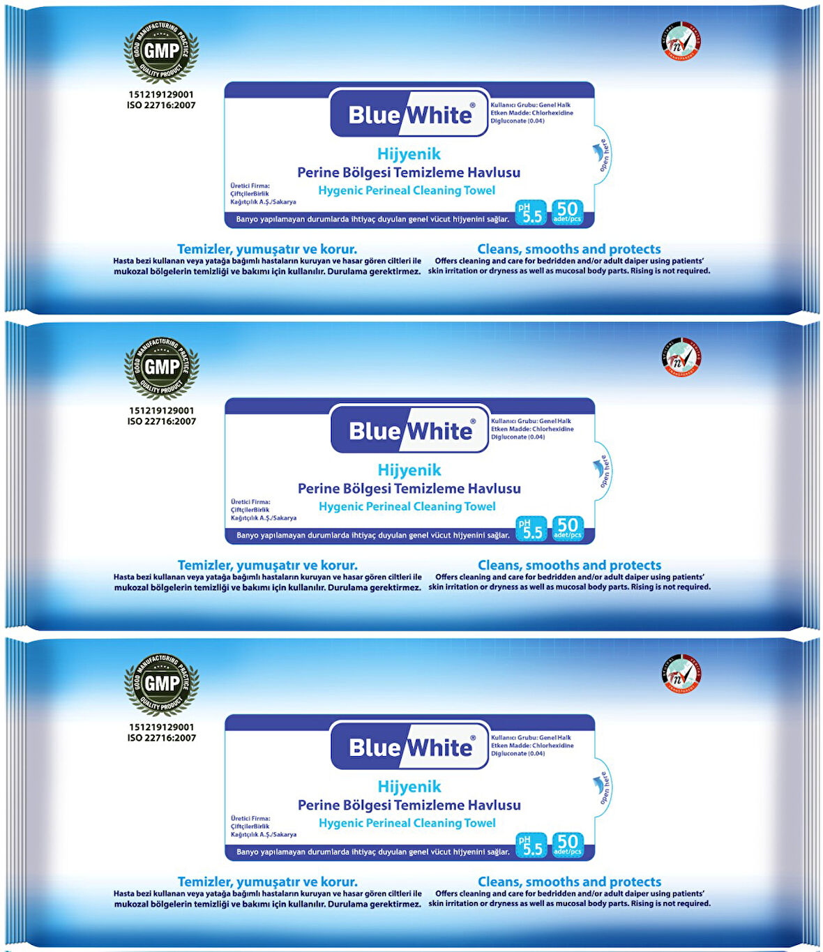 BlueWhite Yetişkin Hasta Perine Bölgesi Temizleme Mendil-Havlusu (3 lü set) 50 Yaprak Hijyenik
