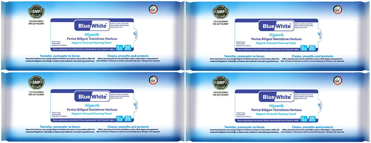 BlueWhite Yetişkin Hasta Perine Bölgesi Temizleme Mendil-Havlusu (4 lü set) 50 Yaprak Hijyenik