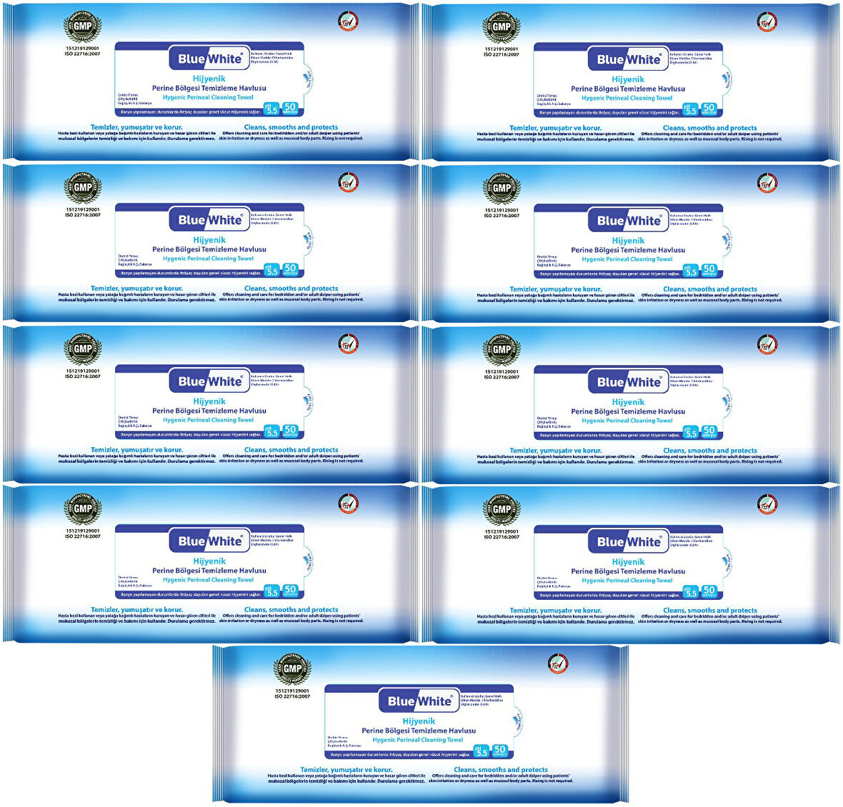 BlueWhite Yetişkin Hasta Perine Bölgesi Temizleme Mendil-Havlusu (9 lu set) 50 Yaprak Hijyenik