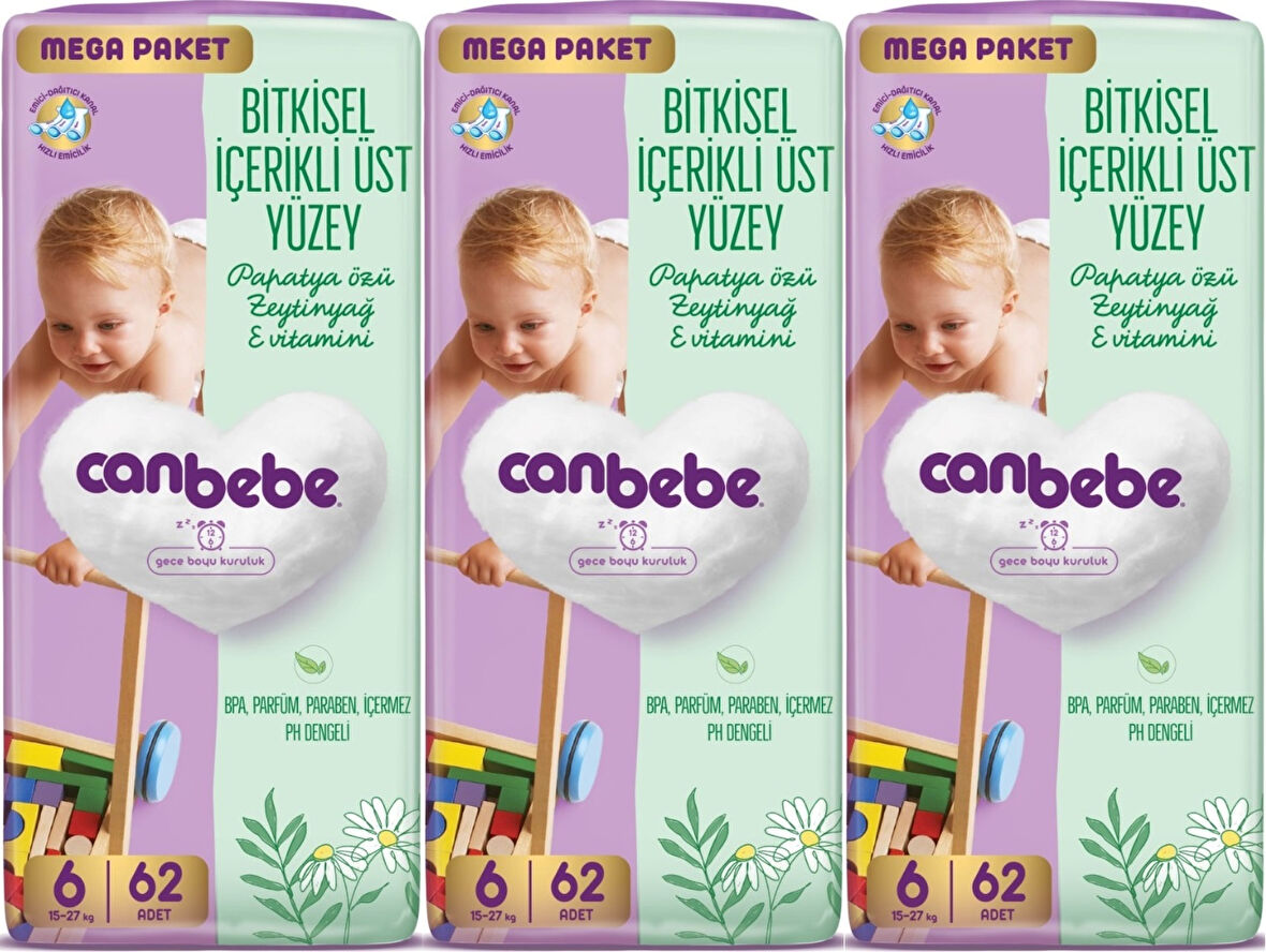 Canbebe Bebek Bezi Beden:6 (15-27KG) Exstra Large 186 Adet Mega Aylık Fırsat Pk