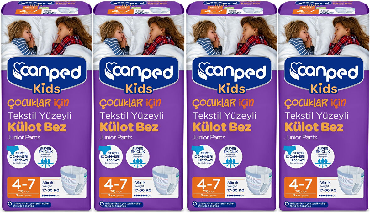 Canped Kids Çoçuklar İçin Külot Bez Tekstil Yüzeyli Yaş:4-7 (17-30Kg) 36 Adet (4Pk*9)