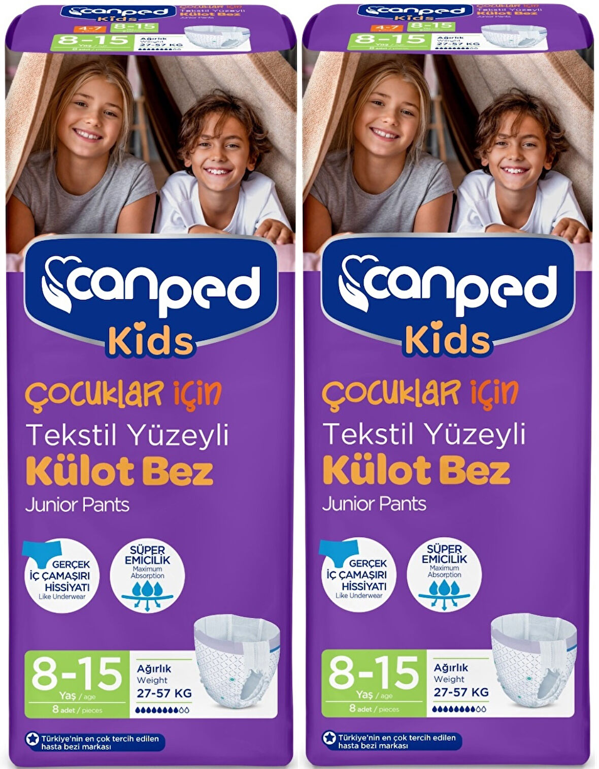 Canped Kids Çoçuklar İçin Külot Bez Tekstil Yüzeyli Yaş:8-15 (27-57Kg) 16 Adet (2Pk*8)