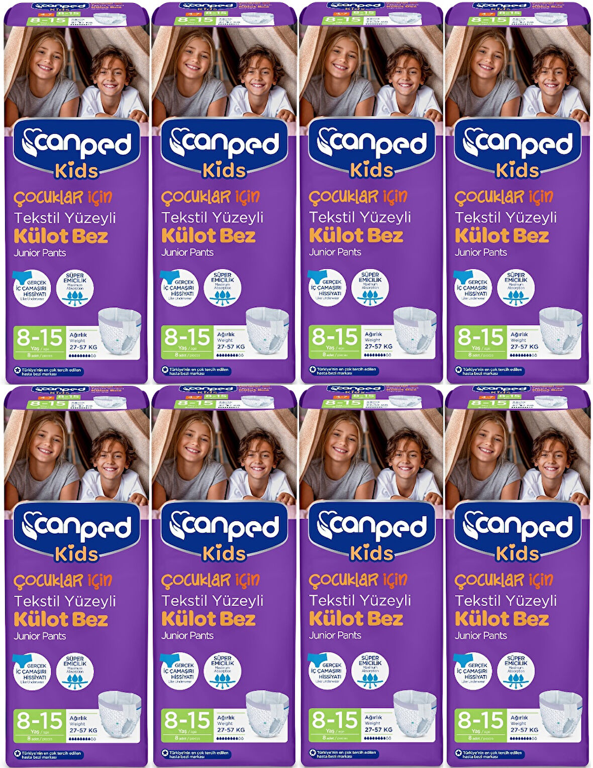 Canped Kids Çoçuklar İçin Külot Bez Tekstil Yüzeyli Yaş:8-15 (27-57Kg) 64 Adet (8Pk*8)