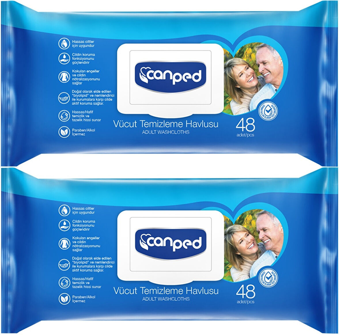 Canped Hasta Vücut Perine Temizleme Islak Mendil Havlu 48 Yaprak XL (2 Li Set) Plastik Kapaklı
