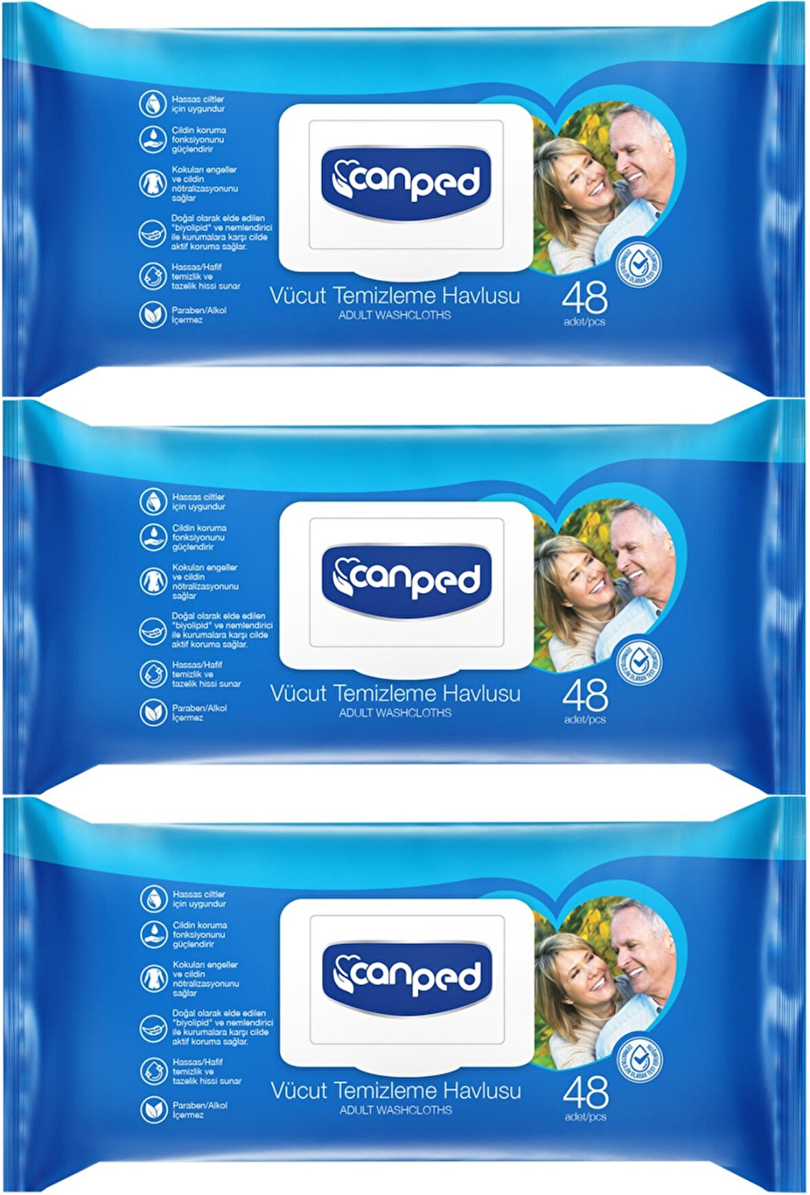 Canped Hasta Vücut Perine Temizleme Islak Mendil Havlu 48 Yaprak XL (3 Lü Set) Plastik Kapaklı