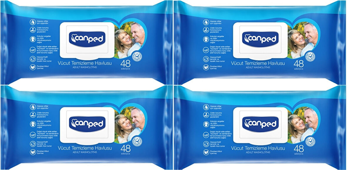 Canped Hasta Vücut Perine Temizleme Islak Mendil Havlu 48 Yaprak XL (4 Lü Set) Plastik Kapaklı