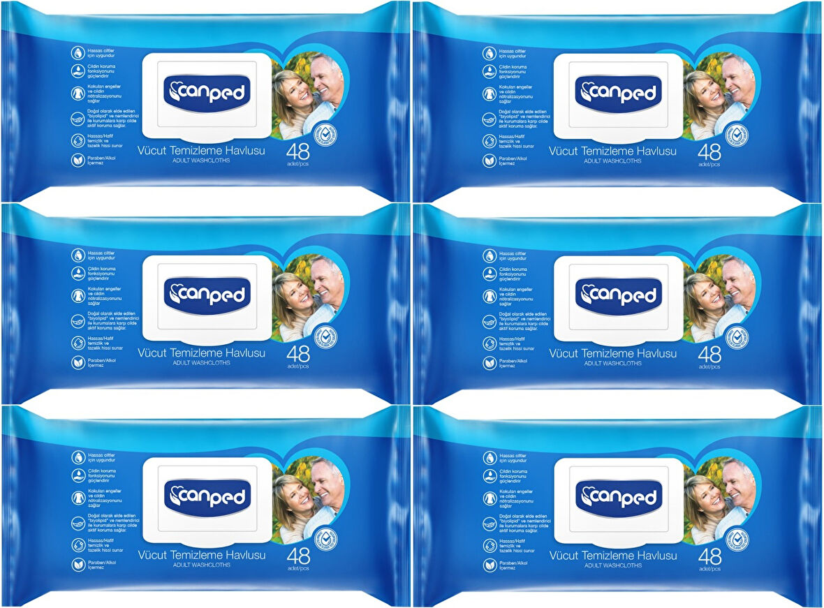 Canped Hasta Vücut Perine Temizleme Islak Mendil Havlu 48 Yaprak XL (6 Lı Set) Plastik Kapaklı