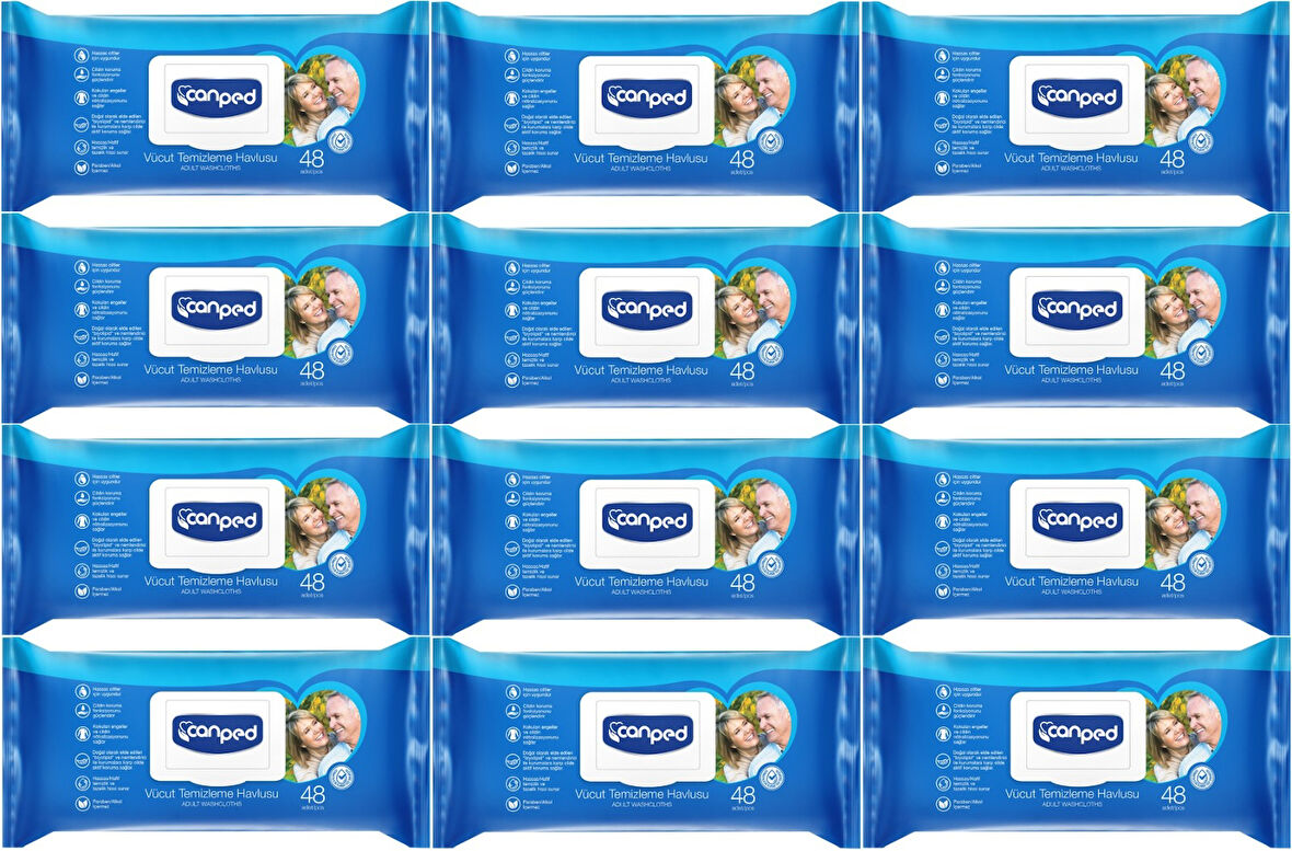 Canped Hasta Vücut Perine Temizleme Islak Mendil Havlu 48 Yaprak XL (12 Li Set) Plastik Kapaklı