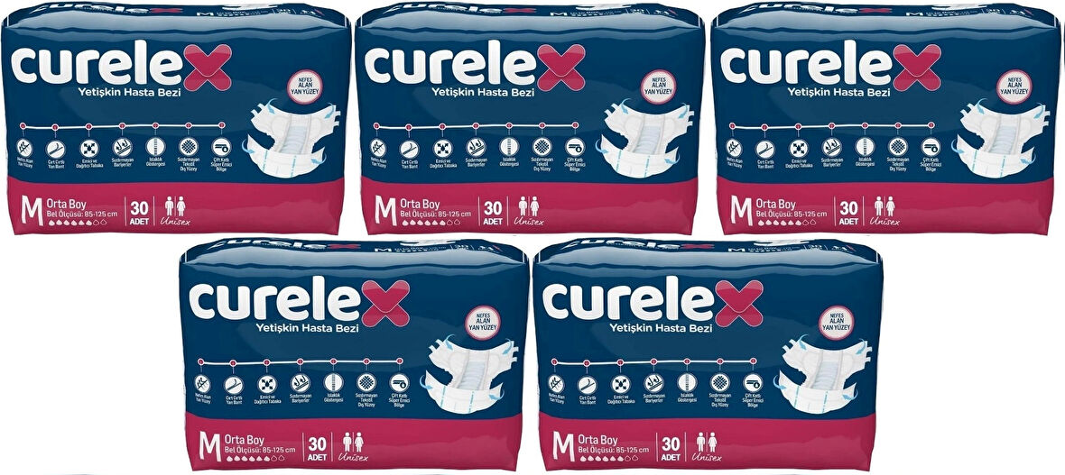 Curelex Hasta Bezi Yetişkin Bel Bantlı Tekstil Yüzey M-Orta Boy 150 Adet Tekli Pk (5PK*30)