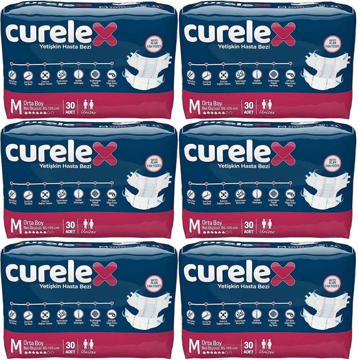 Curelex Hasta Bezi Yetişkin Bel Bantlı Tekstil Yüzey M-Orta Boy 180 Adet Tekli Pk (6PK*30)