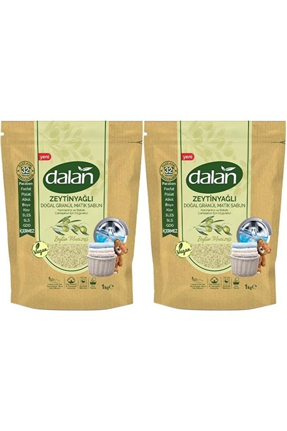 Dalan Matik Vegan Organik Parfümlü Beyazlar ve Renkliler İçin Granül Sabun 2 x 1 kg 64 Yıkama