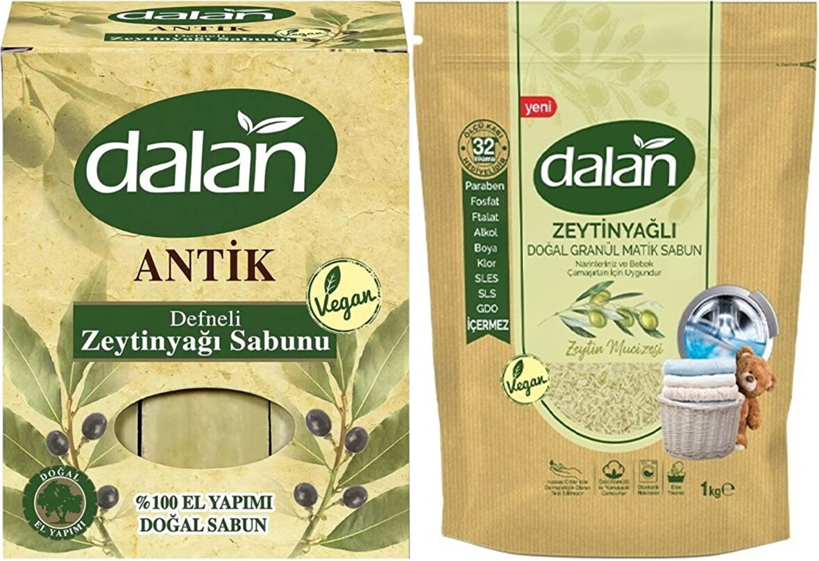 Dalan Antik Defneli Zeytinyağı Sabunu 900GR Klasik & Granül Sabun Tozu Zeytinyağlı 1KG Karma 2Li Set