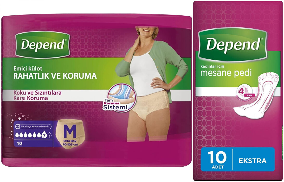 Depend Emici Külot Lohusa Pedi M- Medium - Orta Kadın (10 Lu) + Mesane Pedi Kadın Ekstra (10 Lu)