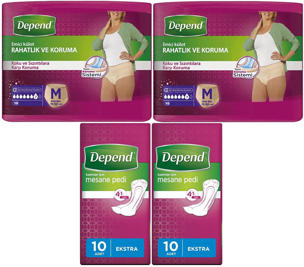 Depend Emici Külot Lohusa Pedi M- Medium - Kadın (10 Lu) + Mesane Pedi Kadın Ekstra (10 Lu) 4 Lü Set