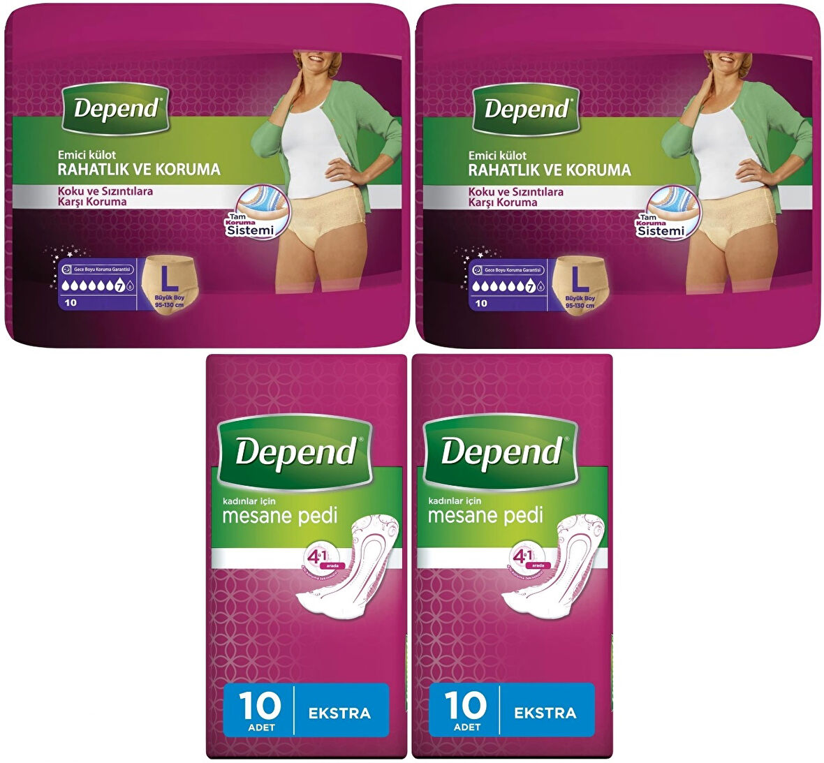 Depend Emici Külot Lohusa Pedi Large - Büyük Kadın (10 Lu)+Mesane Pedi Kadın Ekstra (10 Lu) 4 Lü Set