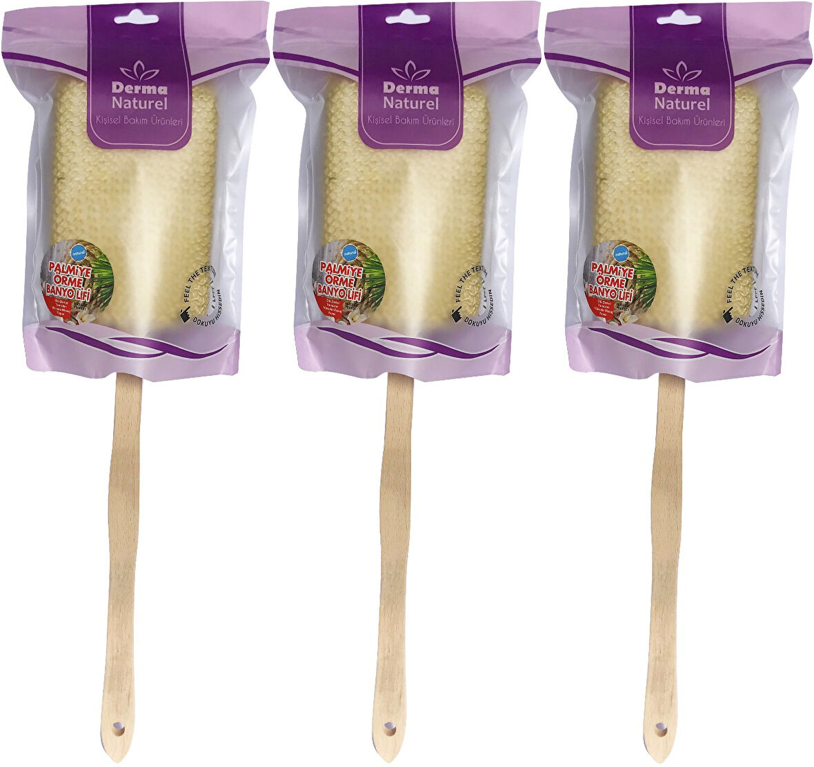 Derma Naturel Palmiye Örme Sopalı Banyo Sırt Lifi (8*24CM) MS-09 (3 Lü Set)