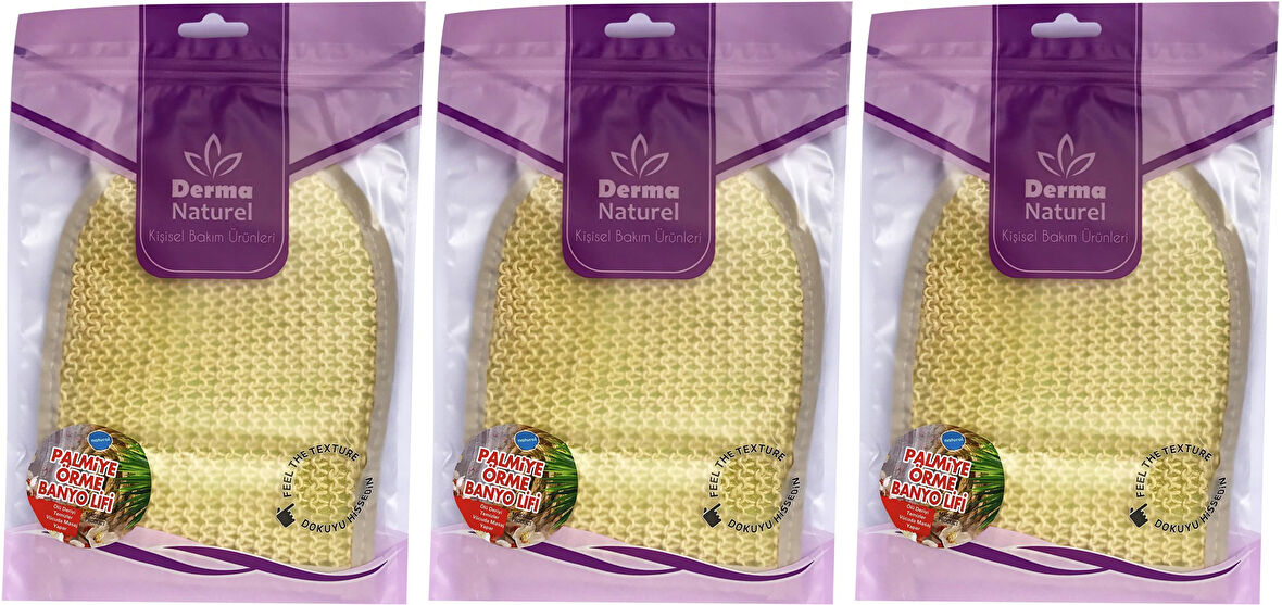 Derma Naturel Palmiye Lifi Örme Banyo Eldiveni (15*24CM) MS-04 (3 Lü Set)