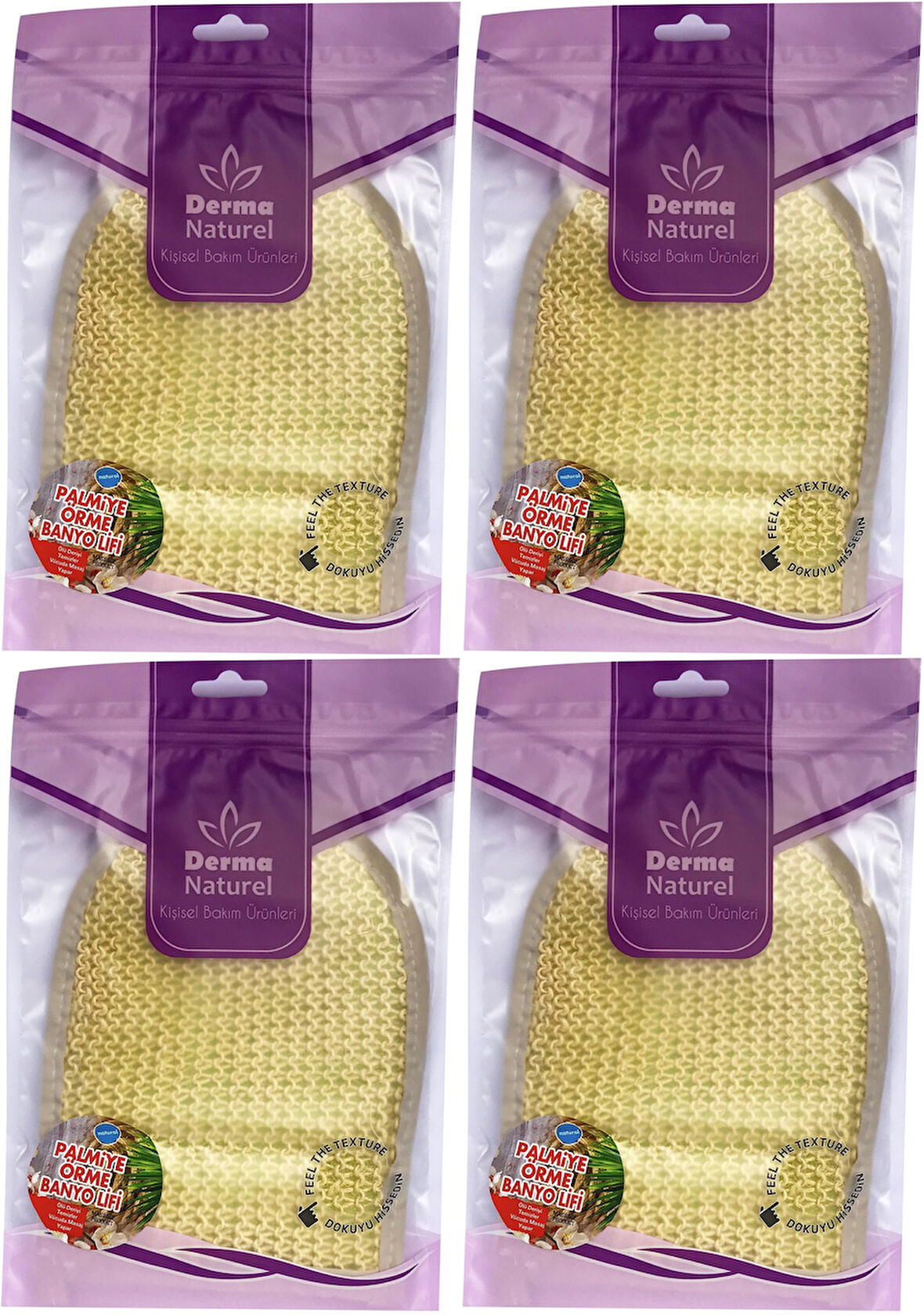 Derma Naturel Palmiye Lifi Örme Banyo Eldiveni (15*24CM) MS-04 (4 Lü Set)