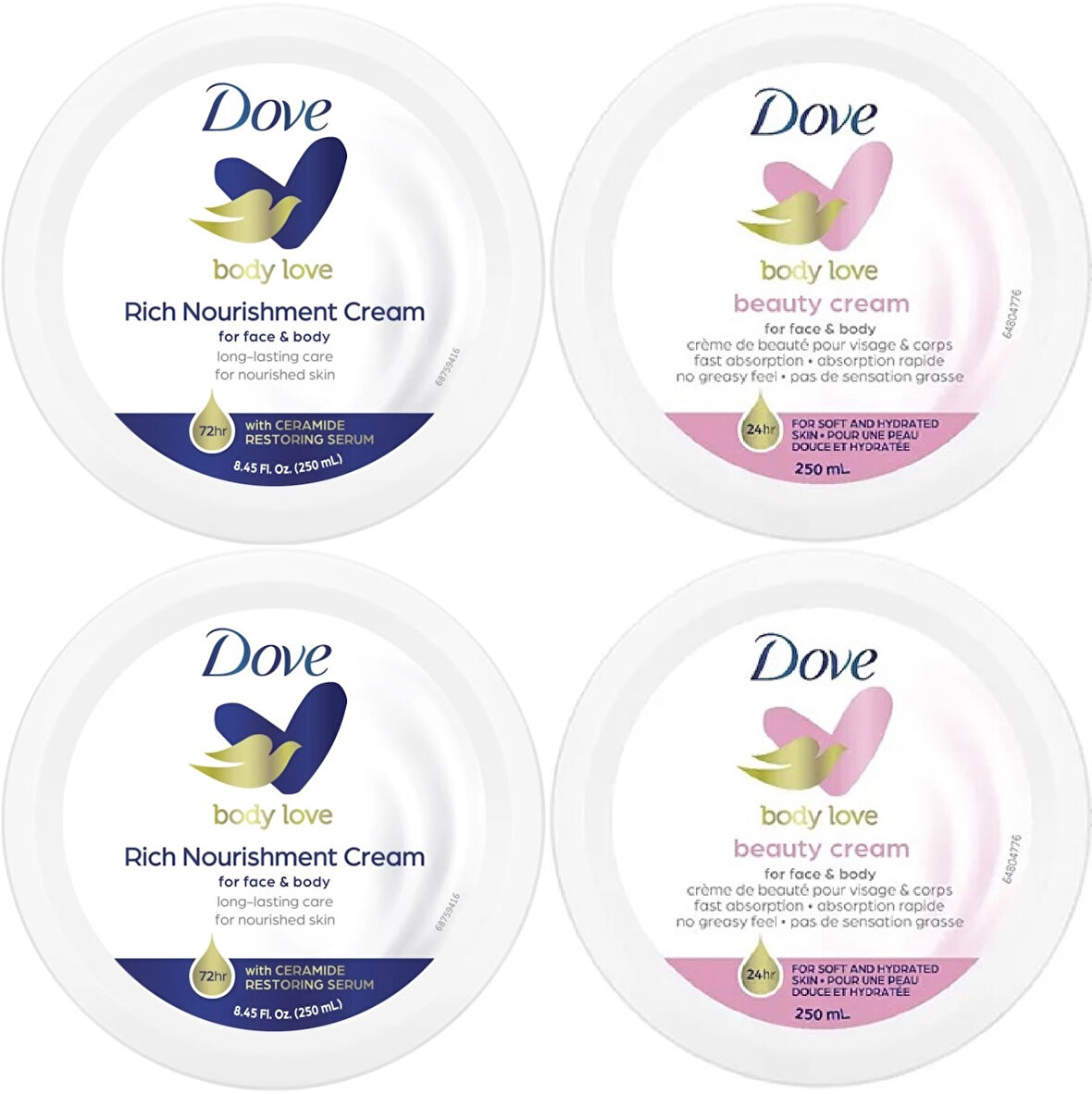 Dove Besleyici El ve Vücut Bakım Kremi 250ML (Rich Nourishment Cream+ Beauty Cream) Karma (4 Lü Set)