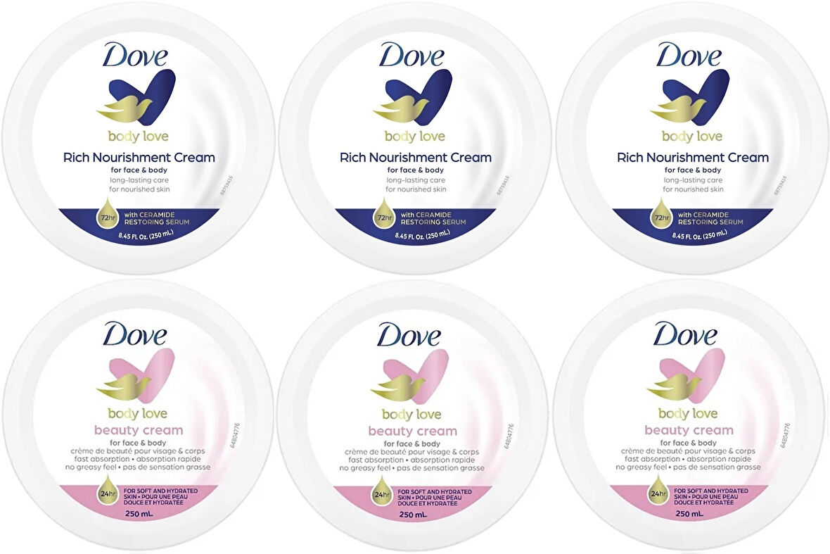 Dove Besleyici El ve Vücut Bakım Kremi 250ML (Rich Nourishment Cream+ Beauty Cream) Karma (6 Lı Set)